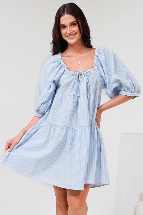 Oliander Mini Dress - On or Off Shoulder Tiered Dress with Pockets in Figaro Stripe Blue