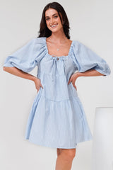 Oliander Mini Dress - On or Off Shoulder Tiered Dress with Pockets in Figaro Stripe Blue