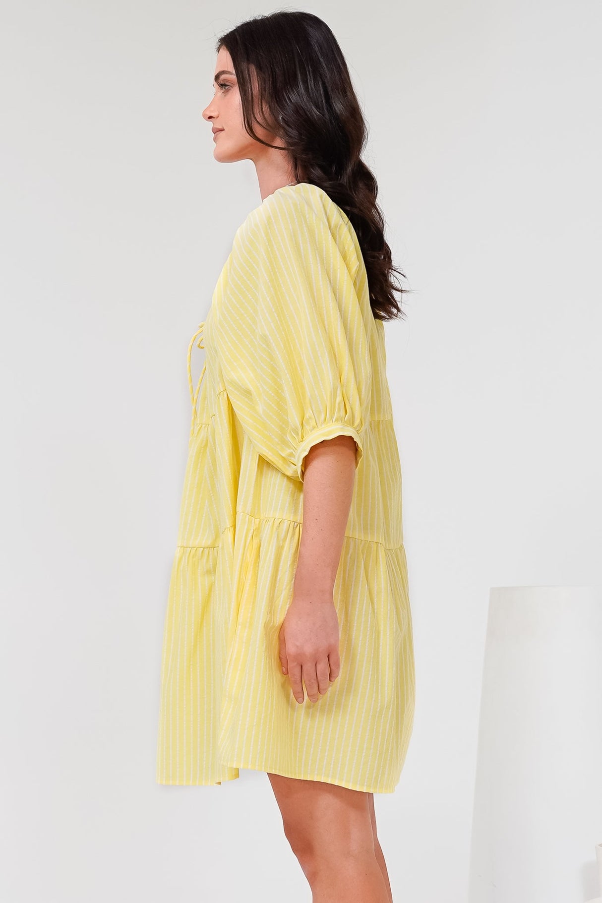 Oliander Mini Dress - On or Off Shoulder Tiered Dress with Pockets in Figaro Stripe Lemon