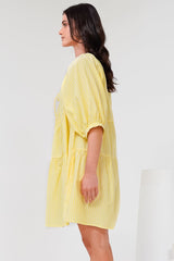 Oliander Mini Dress - On or Off Shoulder Tiered Dress with Pockets in Figaro Stripe Lemon
