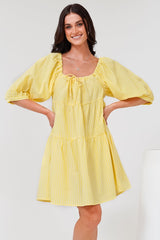 Oliander Mini Dress - On or Off Shoulder Tiered Dress with Pockets in Figaro Stripe Lemon