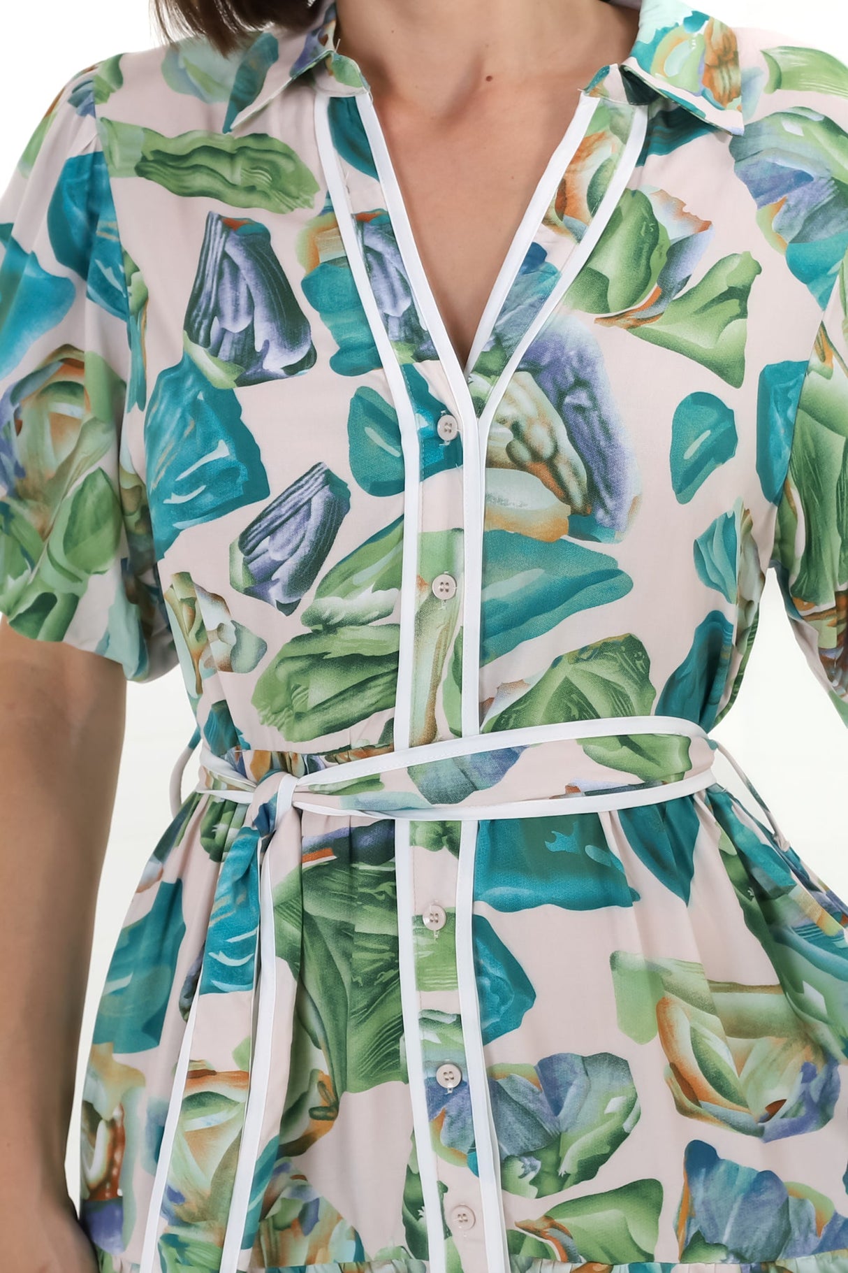 Olisa Midi Dress - Button-Down Contrast Piping Smock Dress with Matching Belt in Adelita Print Green