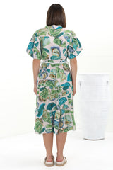 Olisa Midi Dress - Button-Down Contrast Piping Smock Dress with Matching Belt in Adelita Print Green