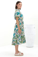 Olisa Midi Dress - Button-Down Contrast Piping Smock Dress with Matching Belt in Adelita Print Green