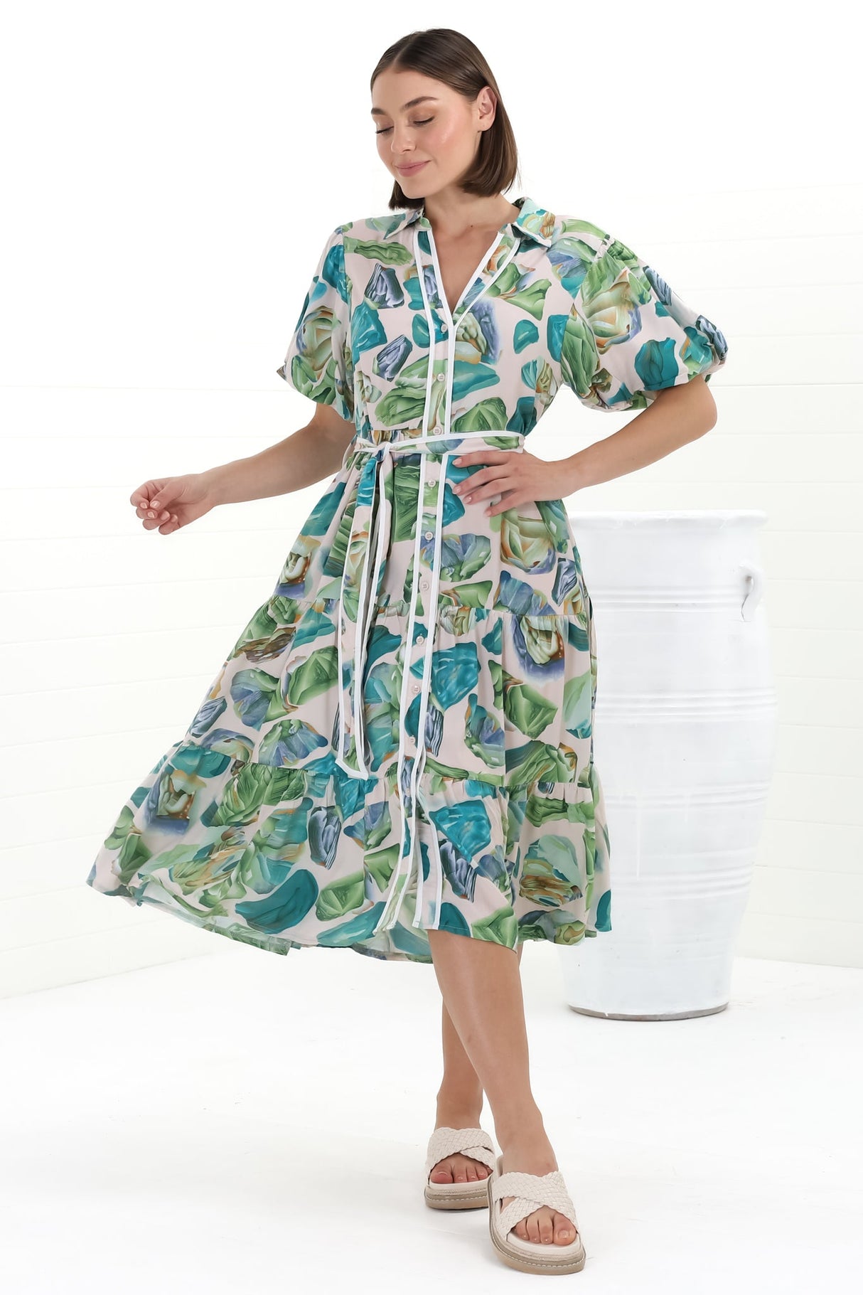 Olisa Midi Dress - Button-Down Contrast Piping Smock Dress with Matching Belt in Adelita Print Green