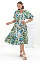 Olisa Midi Dress - Button-Down Contrast Piping Smock Dress with Matching Belt in Adelita Print Green