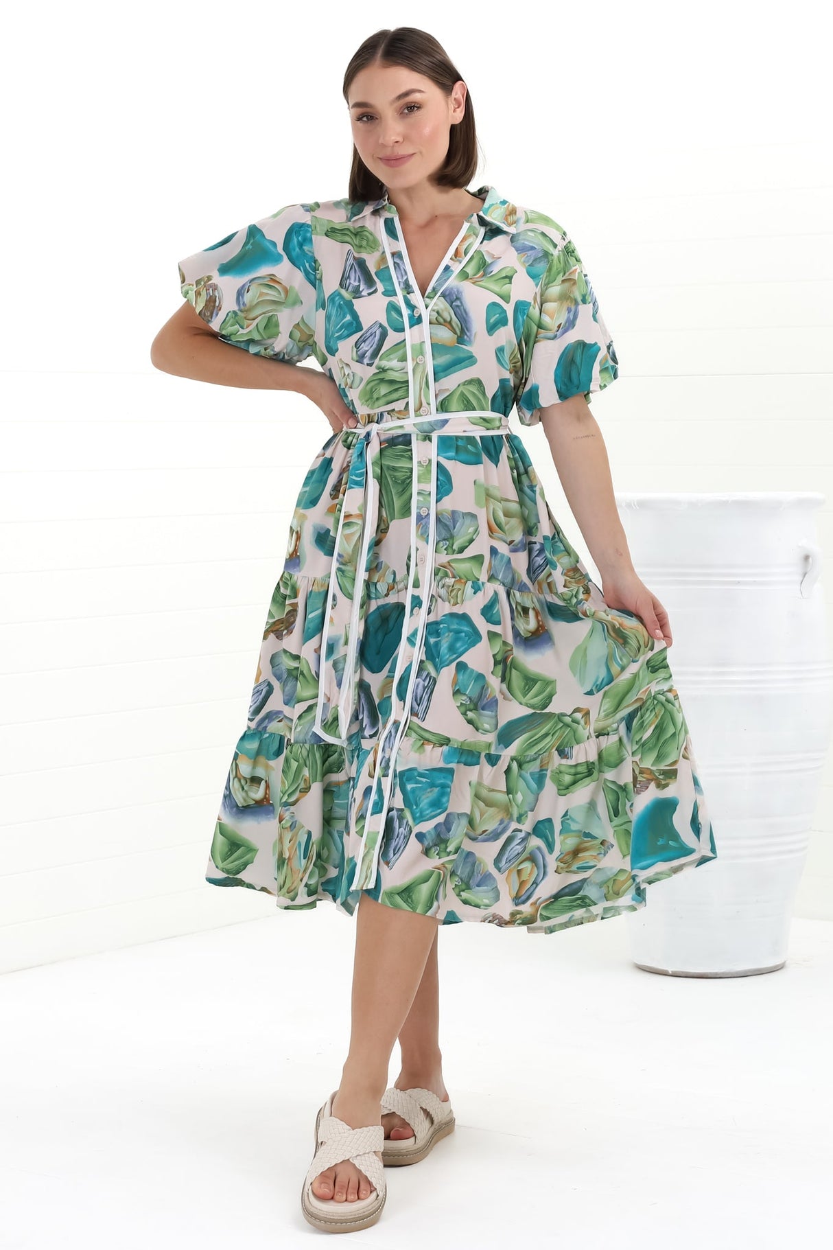 Olisa Midi Dress - Button-Down Contrast Piping Smock Dress with Matching Belt in Adelita Print Green