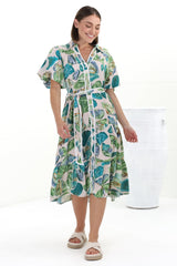 Olisa Midi Dress - Button-Down Contrast Piping Smock Dress with Matching Belt in Adelita Print Green