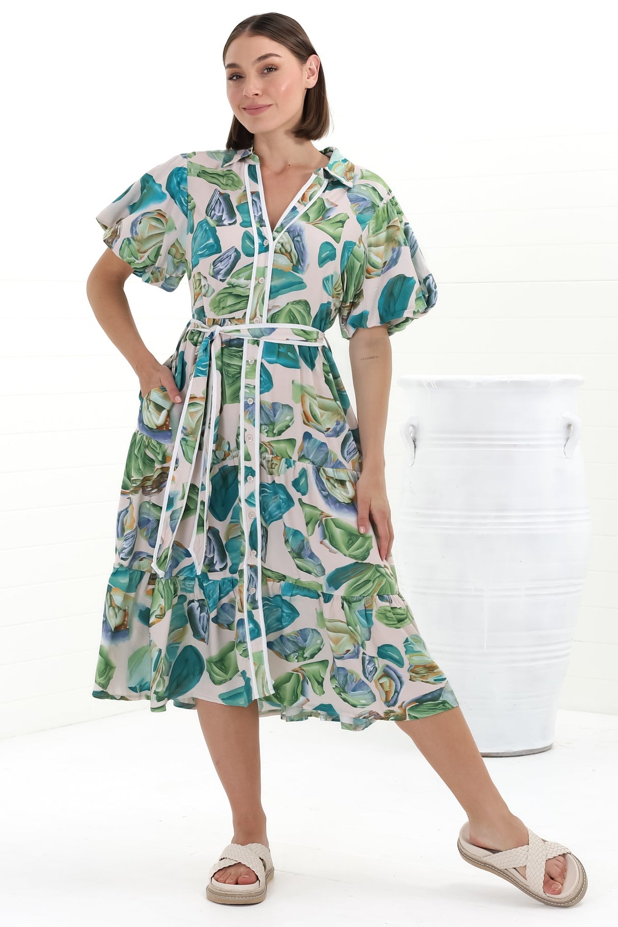 Olisa Midi Dress - Button-Down Contrast Piping Smock Dress with Matching Belt in Adelita Print Green