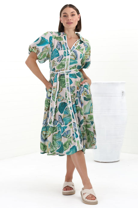 Olisa Midi Dress - Button-Down Contrast Piping Smock Dress with Matching Belt in Adelita Print Green