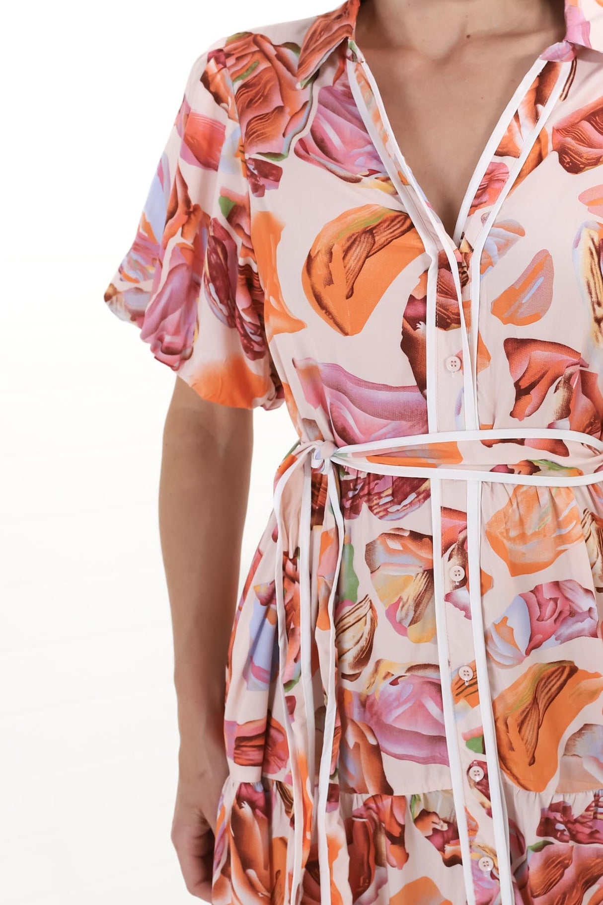 Olisa Midi Dress - Button-Down Contrast Piping Smock Dress with Matching Belt in Adelita Print Orange