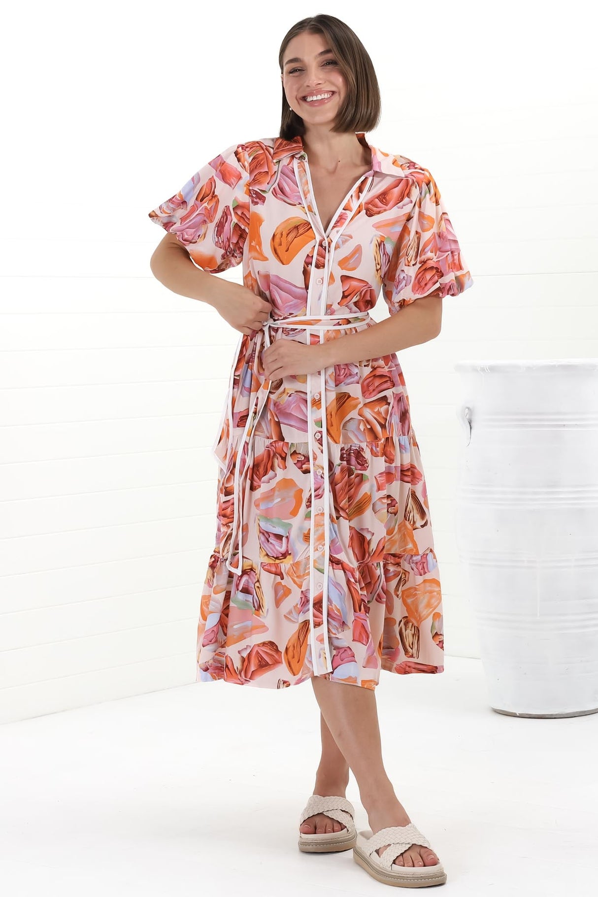 Olisa Midi Dress - Button-Down Contrast Piping Smock Dress with Matching Belt in Adelita Print Orange