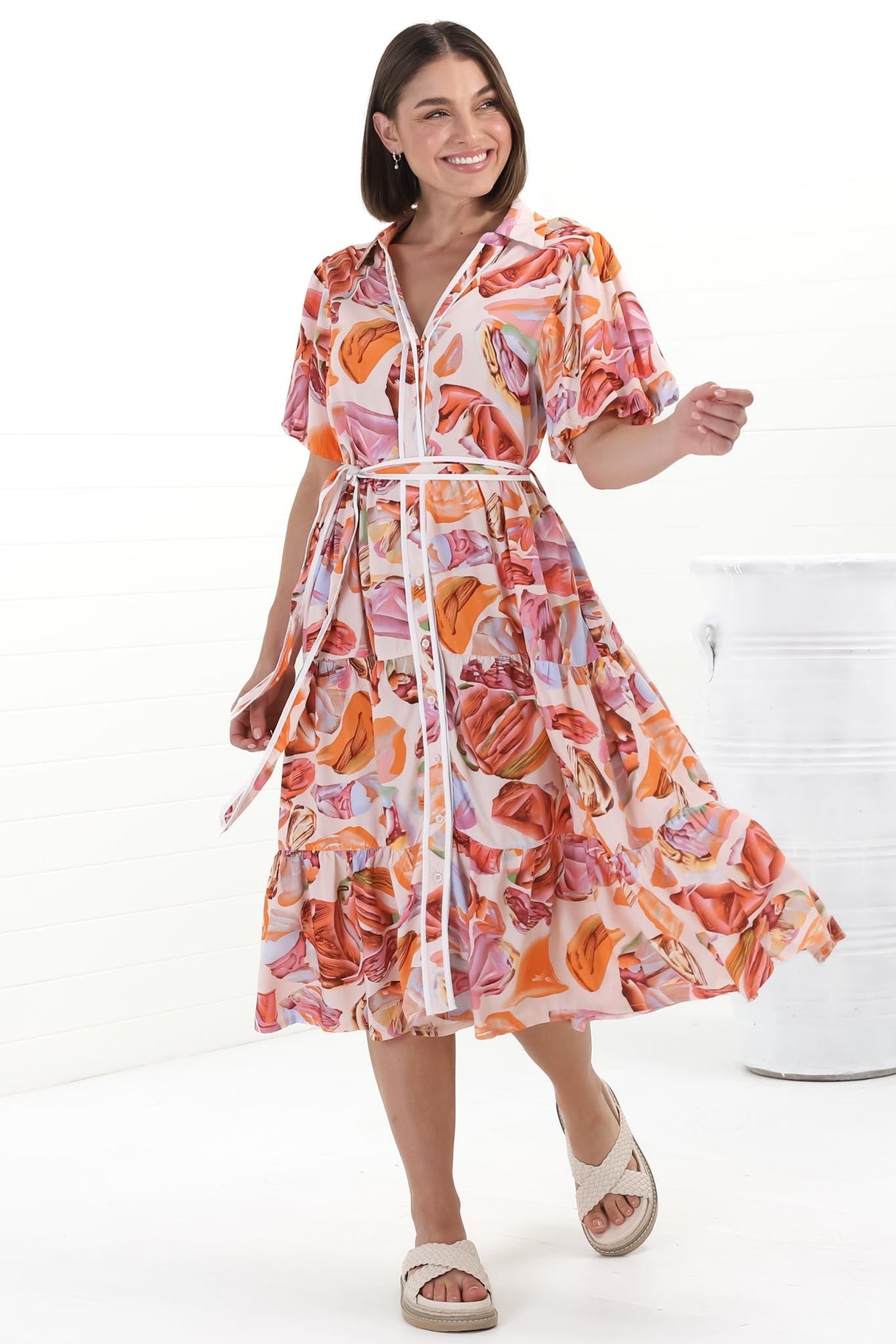 Olisa Midi Dress - Button-Down Contrast Piping Smock Dress with Matching Belt in Adelita Print Orange