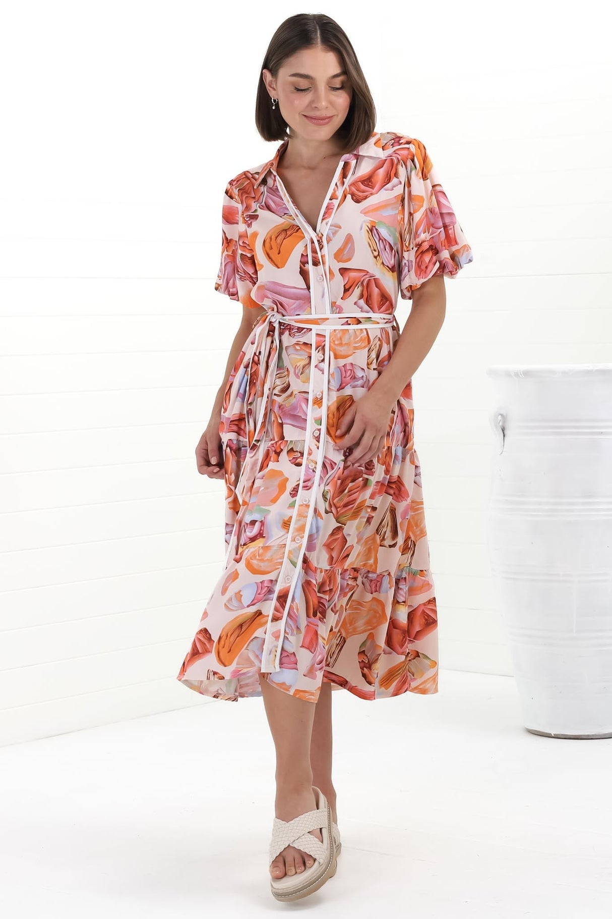 Olisa Midi Dress - Button-Down Contrast Piping Smock Dress with Matching Belt in Adelita Print Orange