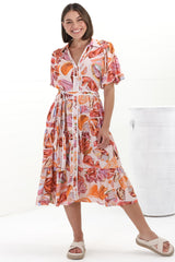 Olisa Midi Dress - Button-Down Contrast Piping Smock Dress with Matching Belt in Adelita Print Orange