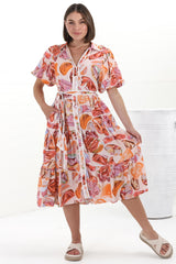 Olisa Midi Dress - Button-Down Contrast Piping Smock Dress with Matching Belt in Adelita Print Orange