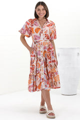 Olisa Midi Dress - Button-Down Contrast Piping Smock Dress with Matching Belt in Adelita Print Orange