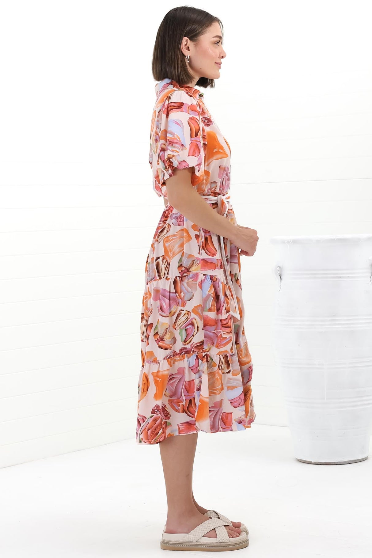 Olisa Midi Dress - Button-Down Contrast Piping Smock Dress with Matching Belt in Adelita Print Orange