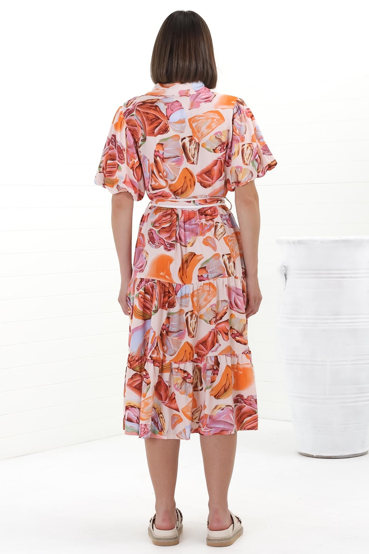 Olisa Midi Dress - Button-Down Contrast Piping Smock Dress with Matching Belt in Adelita Print Orange