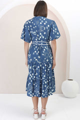 Olisa Midi Dress - Button-Down Contrast Piping Smock Dress with Matching Belt in Embry Print Blue