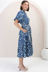 Olisa Midi Dress - Button-Down Contrast Piping Smock Dress with Matching Belt in Embry Print Blue