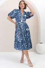 Olisa Midi Dress - Button-Down Contrast Piping Smock Dress with Matching Belt in Embry Print Blue