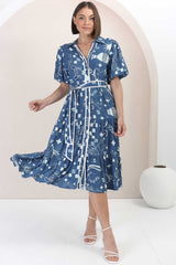 Olisa Midi Dress - Button-Down Contrast Piping Smock Dress with Matching Belt in Embry Print Blue