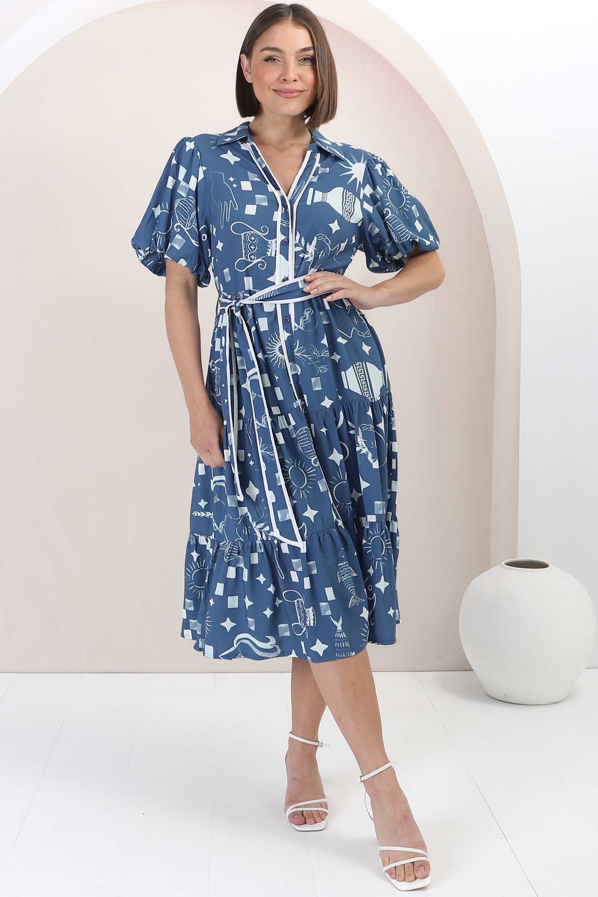 Olisa Midi Dress - Button-Down Contrast Piping Smock Dress with Matching Belt in Embry Print Blue