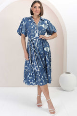 Olisa Midi Dress - Button-Down Contrast Piping Smock Dress with Matching Belt in Embry Print Blue