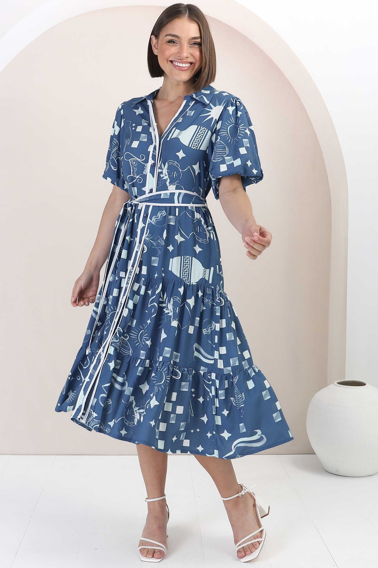 Olisa Midi Dress - Button-Down Contrast Piping Smock Dress with Matching Belt in Embry Print Blue