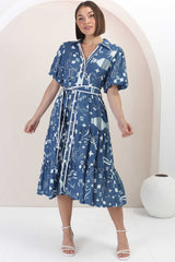 Olisa Midi Dress - Button-Down Contrast Piping Smock Dress with Matching Belt in Embry Print Blue