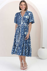 Olisa Midi Dress - Button-Down Contrast Piping Smock Dress with Matching Belt in Embry Print Blue