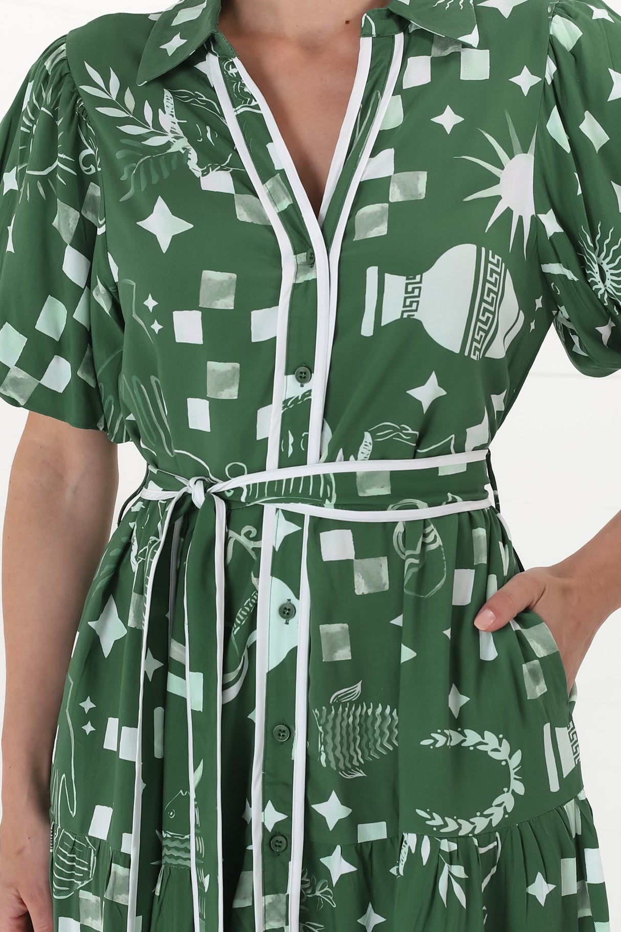 Olisa Midi Dress - Button-Down Contrast Piping Smock Dress with Matching Belt in Embry Print Green