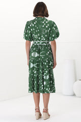 Olisa Midi Dress - Button-Down Contrast Piping Smock Dress with Matching Belt in Embry Print Green