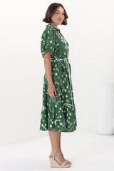 Olisa Midi Dress - Button-Down Contrast Piping Smock Dress with Matching Belt in Embry Print Green