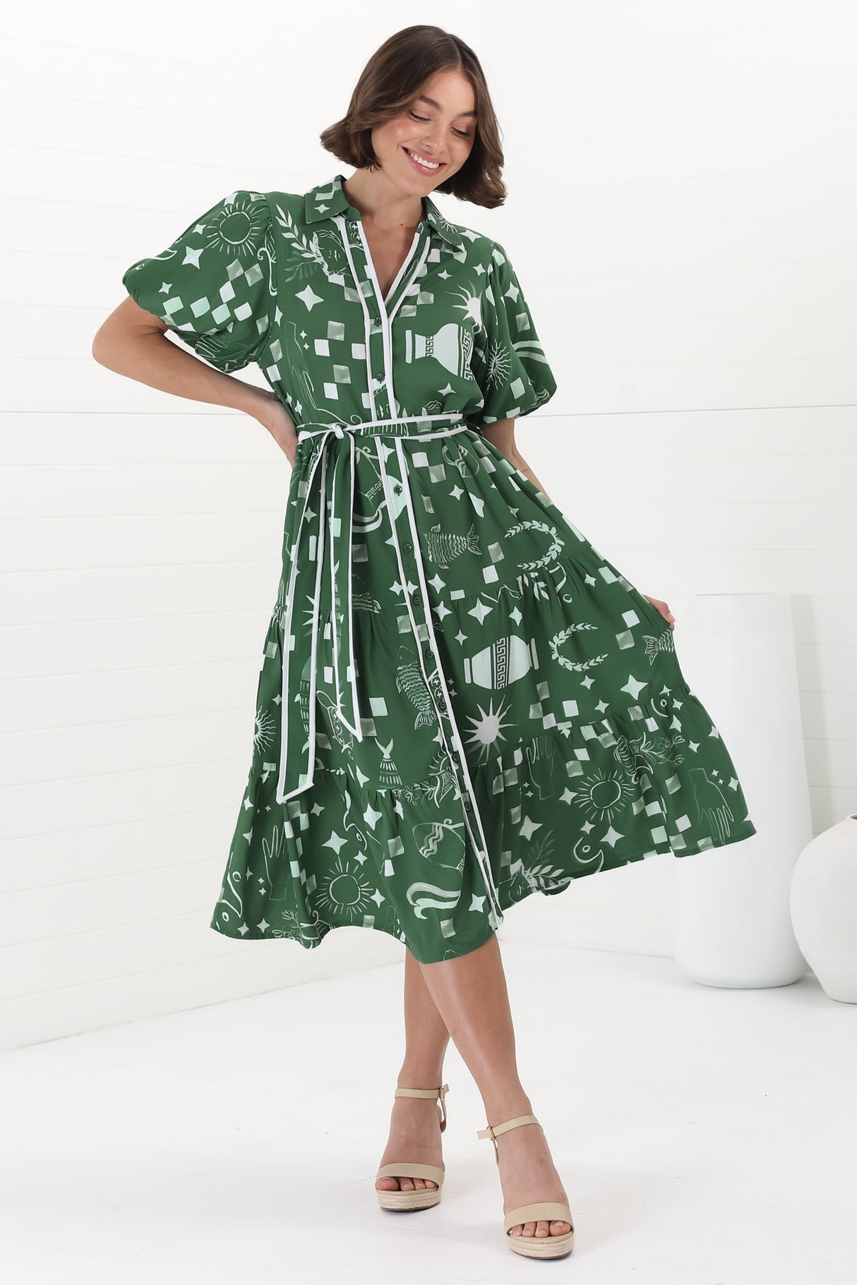 Olisa Midi Dress - Button-Down Contrast Piping Smock Dress with Matching Belt in Embry Print Green