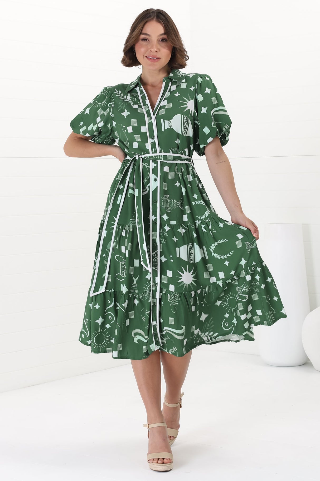 Olisa Midi Dress - Button-Down Contrast Piping Smock Dress with Matching Belt in Embry Print Green