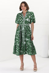 Olisa Midi Dress - Button-Down Contrast Piping Smock Dress with Matching Belt in Embry Print Green