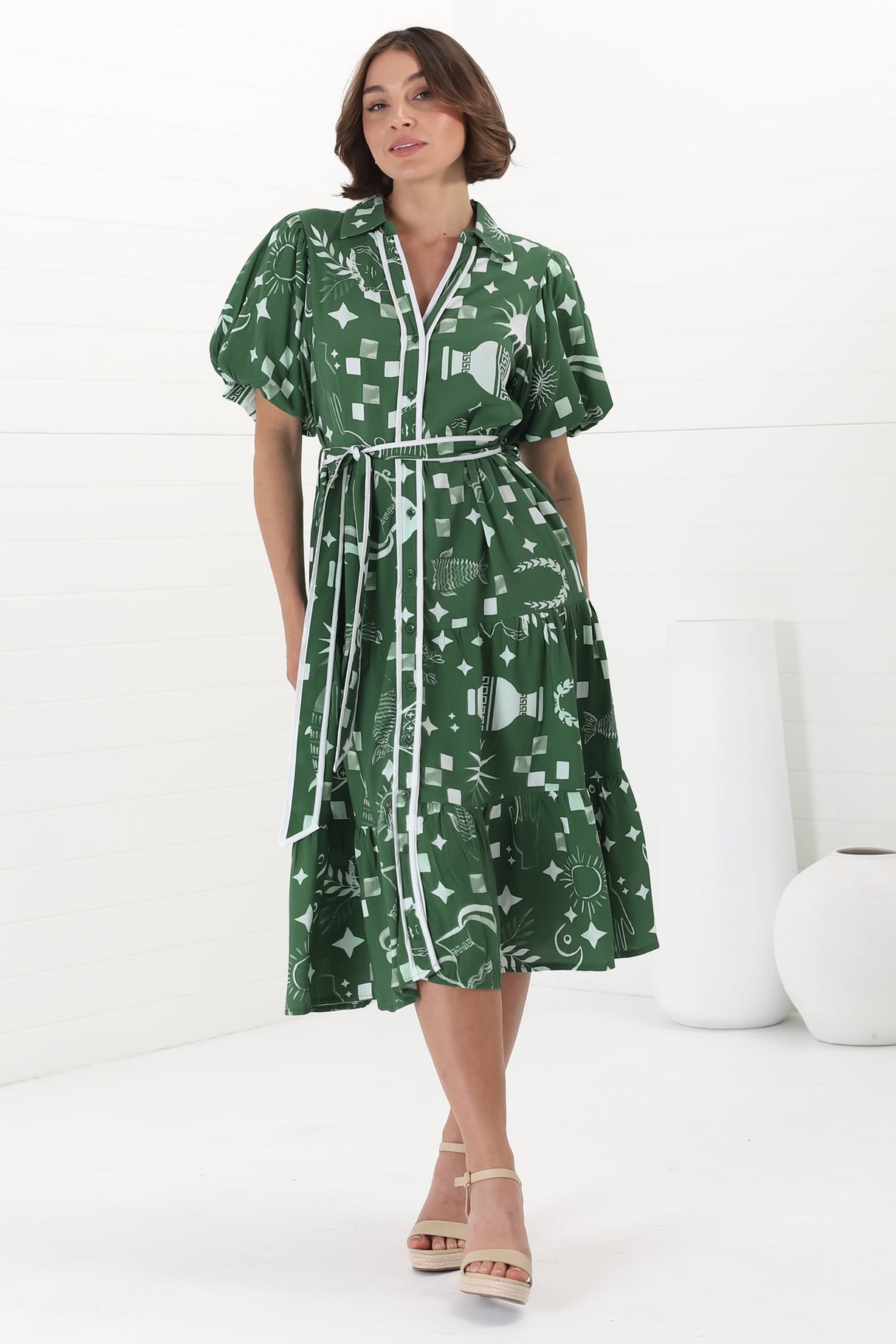 Olisa Midi Dress - Button-Down Contrast Piping Smock Dress with Matching Belt in Embry Print Green