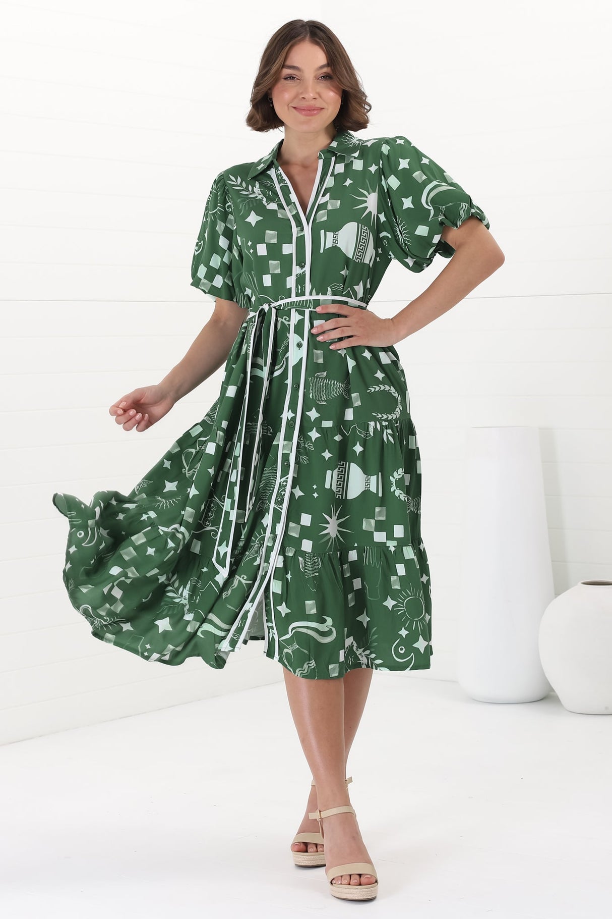 Olisa Midi Dress - Button-Down Contrast Piping Smock Dress with Matching Belt in Embry Print Green