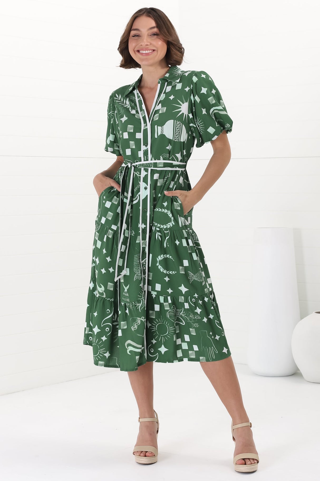 Olisa Midi Dress - Button-Down Contrast Piping Smock Dress with Matching Belt in Embry Print Green