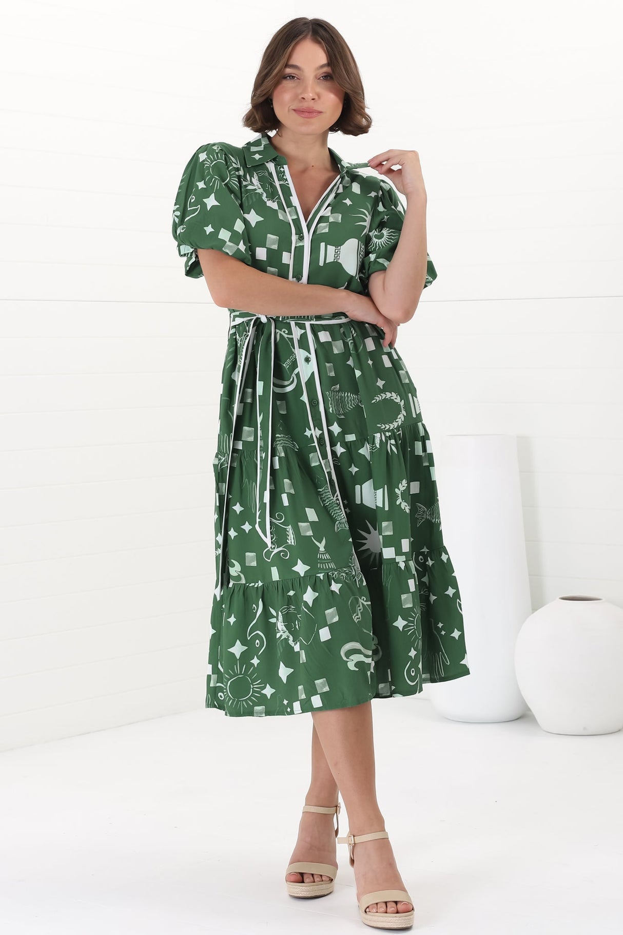 Olisa Midi Dress - Button-Down Contrast Piping Smock Dress with Matching Belt in Embry Print Green