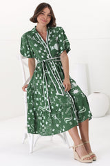 Olisa Midi Dress - Button-Down Contrast Piping Smock Dress with Matching Belt in Embry Print Green