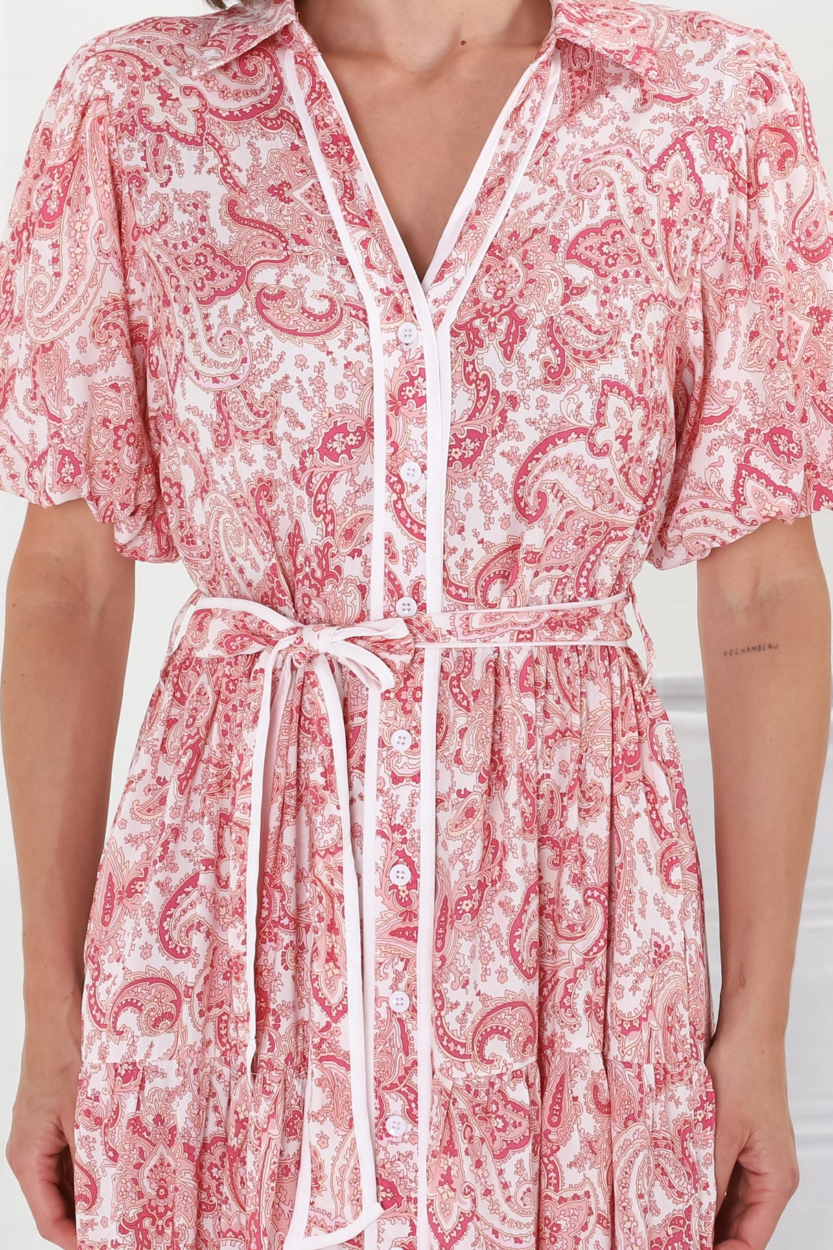 Olisa Midi Dress - Button-Down Contrast Piping Smock Dress with Matching Belt in Henrietta Print Pink