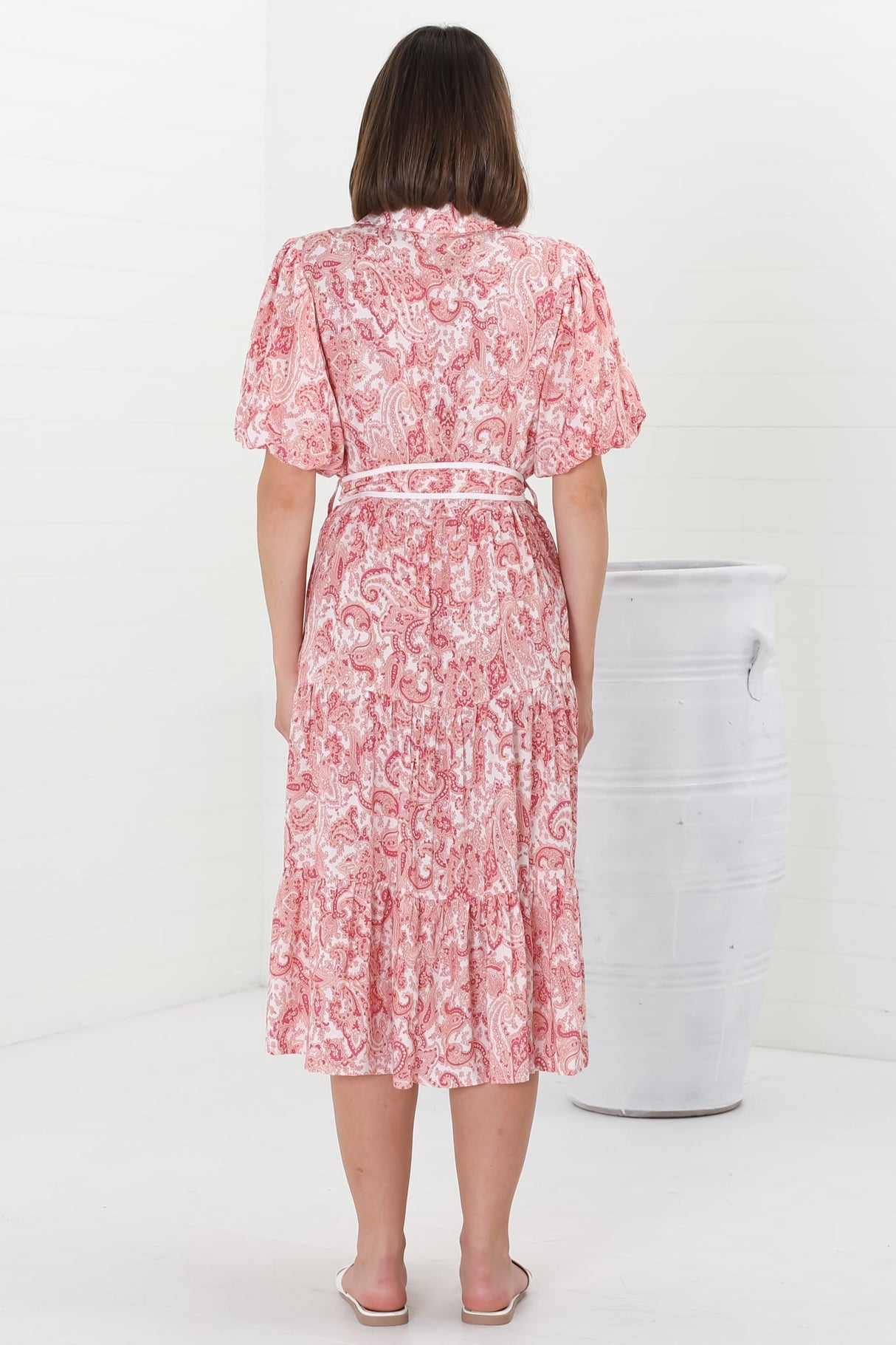 Olisa Midi Dress - Button-Down Contrast Piping Smock Dress with Matching Belt in Henrietta Print Pink