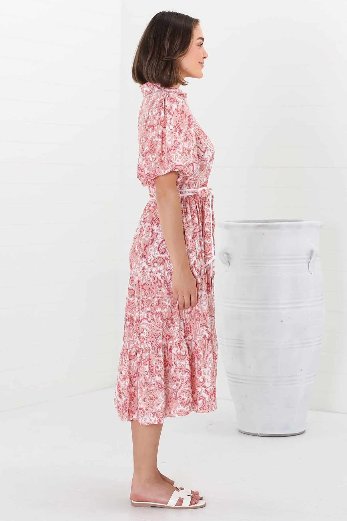 Olisa Midi Dress - Button-Down Contrast Piping Smock Dress with Matching Belt in Henrietta Print Pink