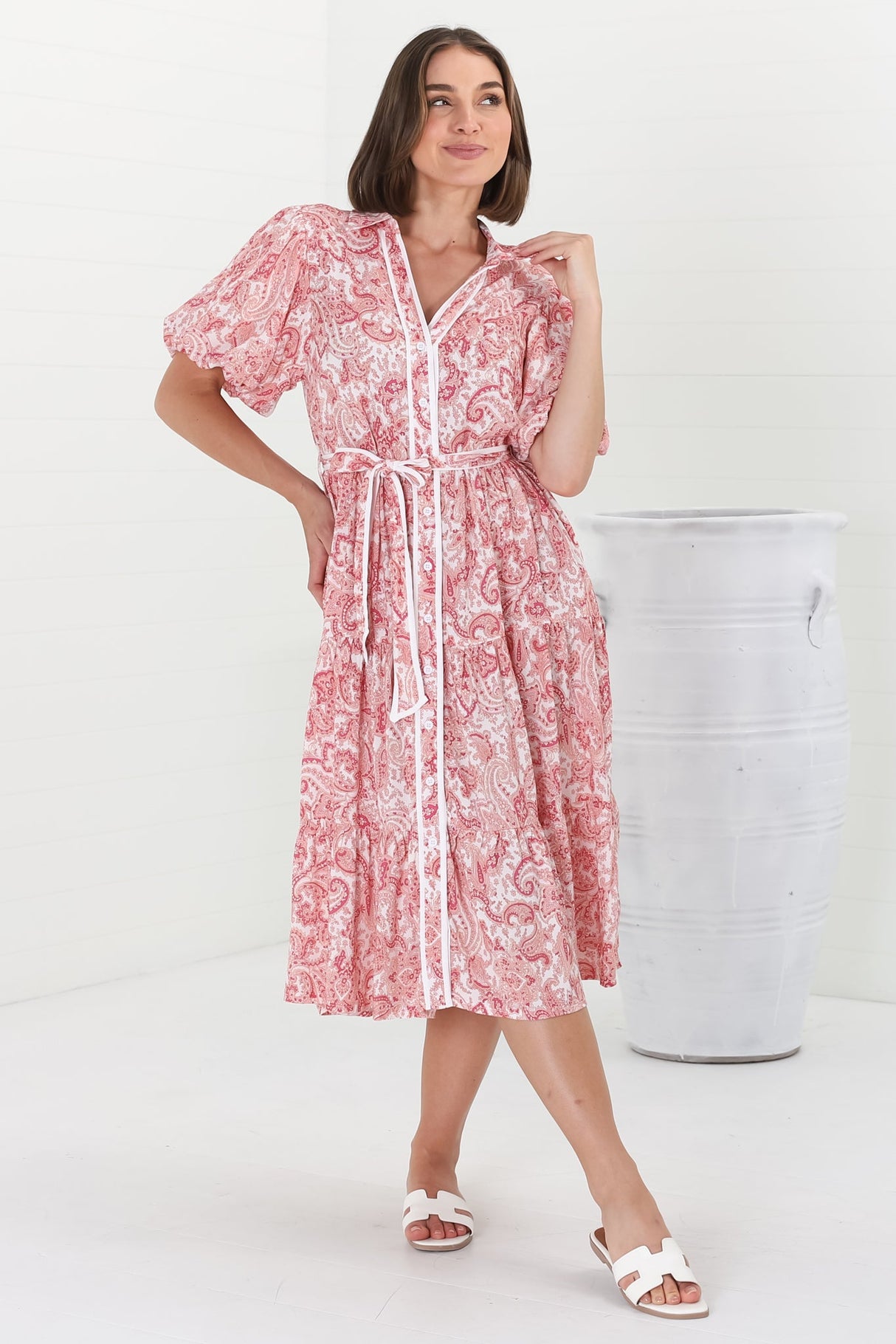 Olisa Midi Dress - Button-Down Contrast Piping Smock Dress with Matching Belt in Henrietta Print Pink