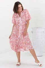 Olisa Midi Dress - Button-Down Contrast Piping Smock Dress with Matching Belt in Henrietta Print Pink