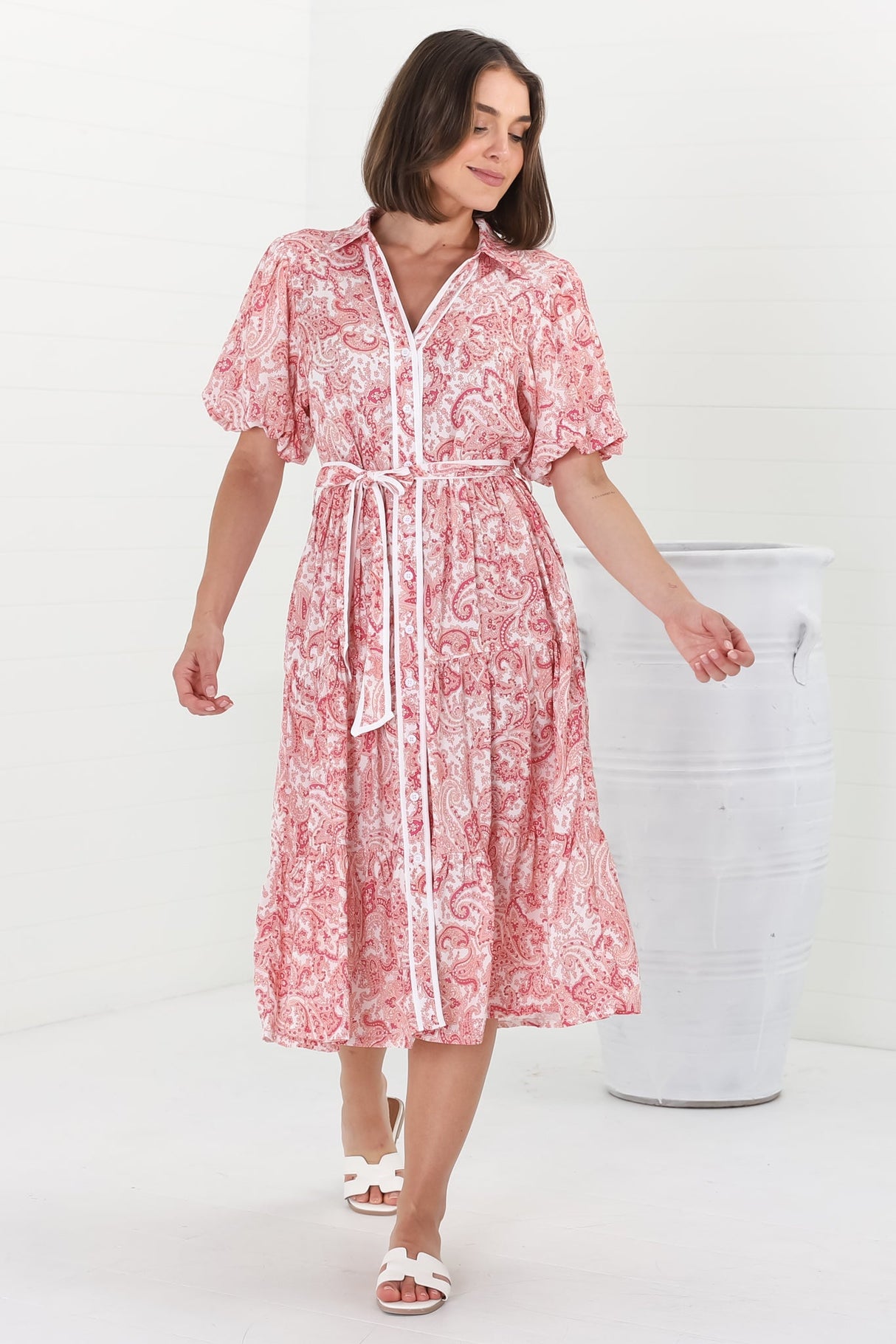 Olisa Midi Dress - Button-Down Contrast Piping Smock Dress with Matching Belt in Henrietta Print Pink