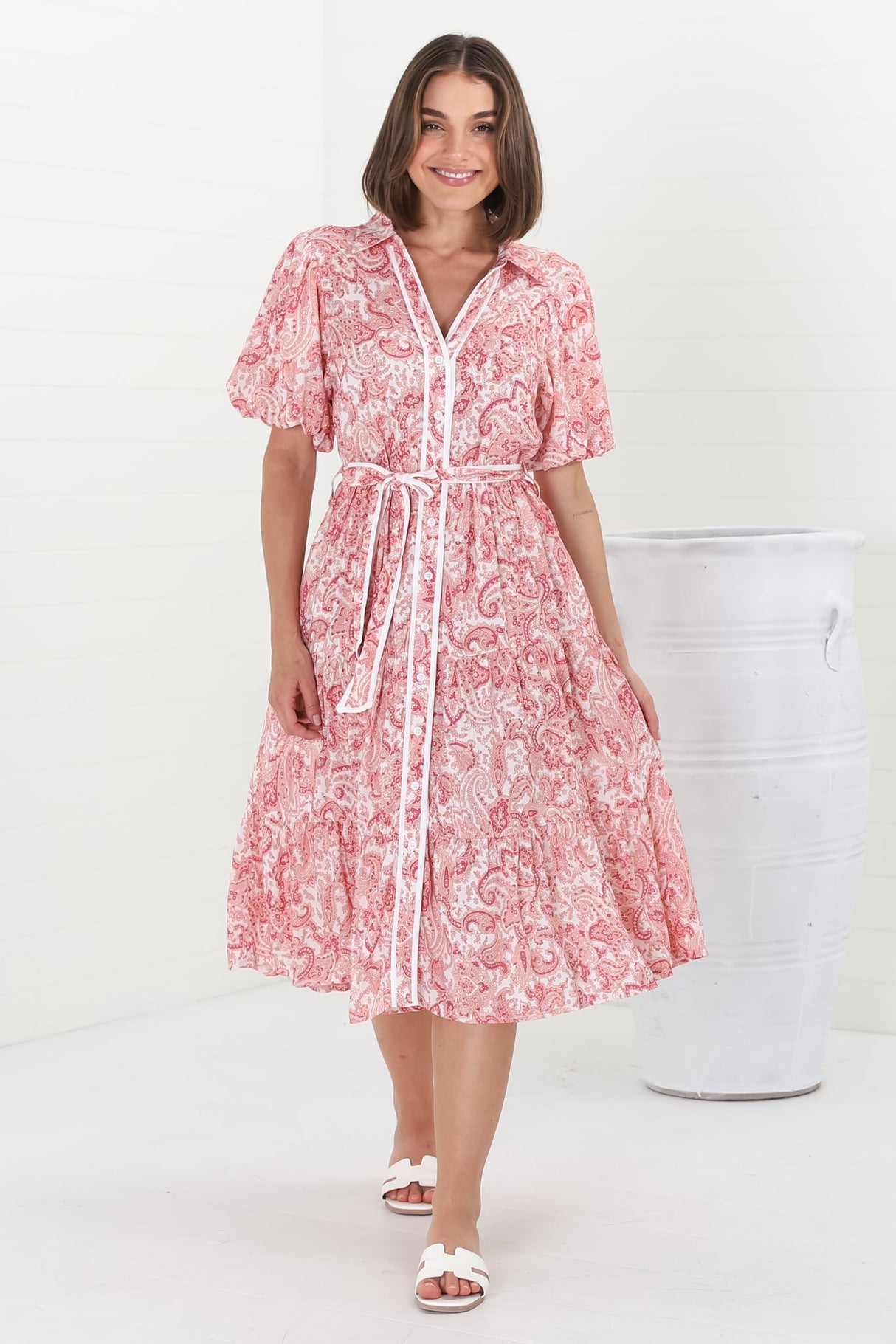 Olisa Midi Dress - Button-Down Contrast Piping Smock Dress with Matching Belt in Henrietta Print Pink